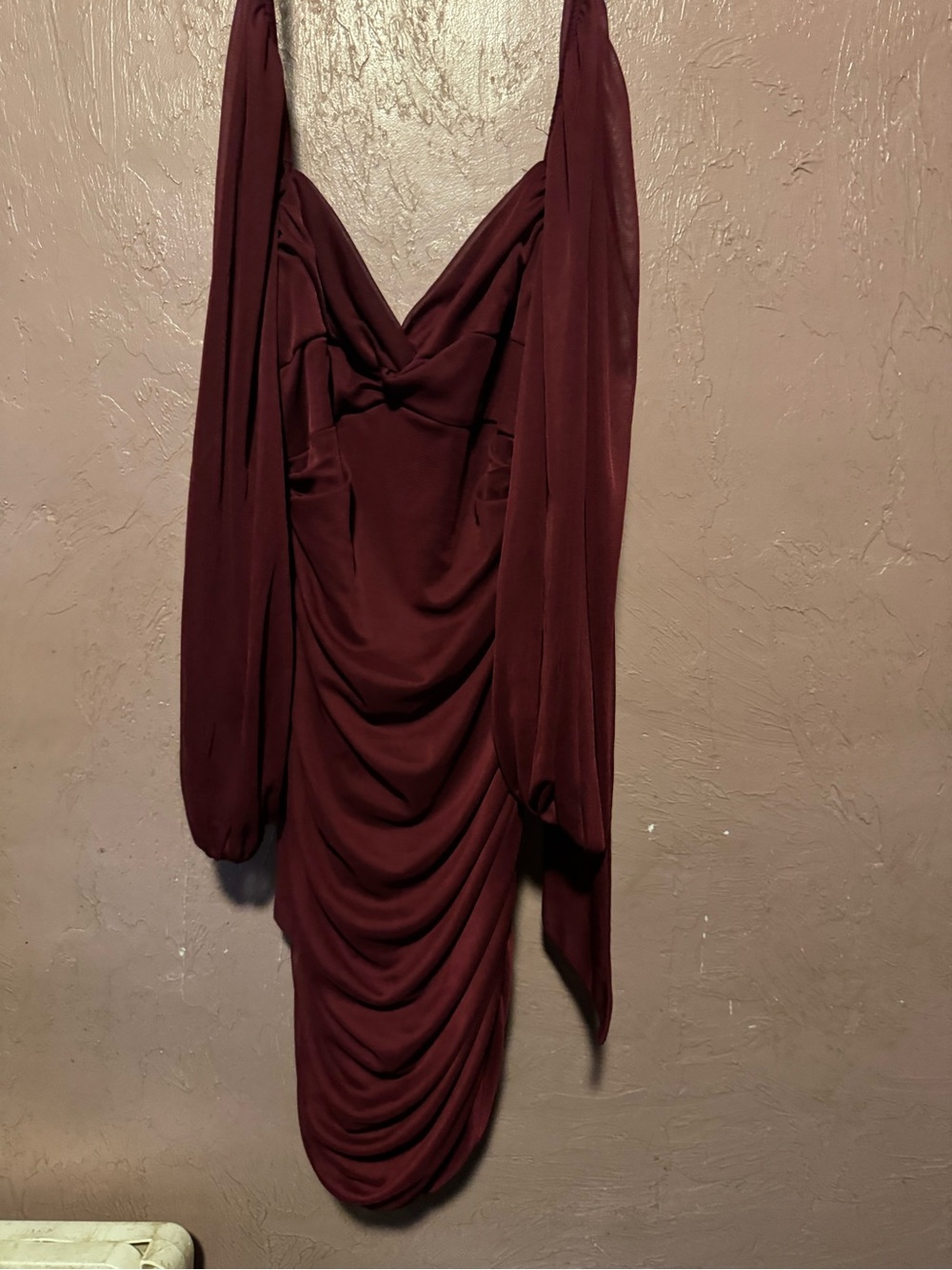 B Darlin Long Sleeve Draped Wine Red Evening Dress